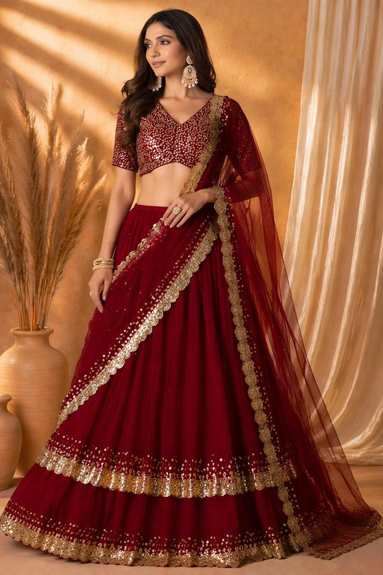 Ritu Wine Georgette Sequins &amp; Zari Embroidered Wedding Party Wear Lehenga Saree