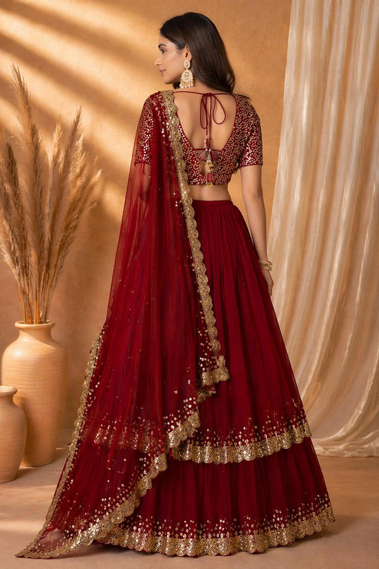 Ritu Wine Georgette Sequins &amp; Zari Embroidered Wedding Party Wear Lehenga Saree
