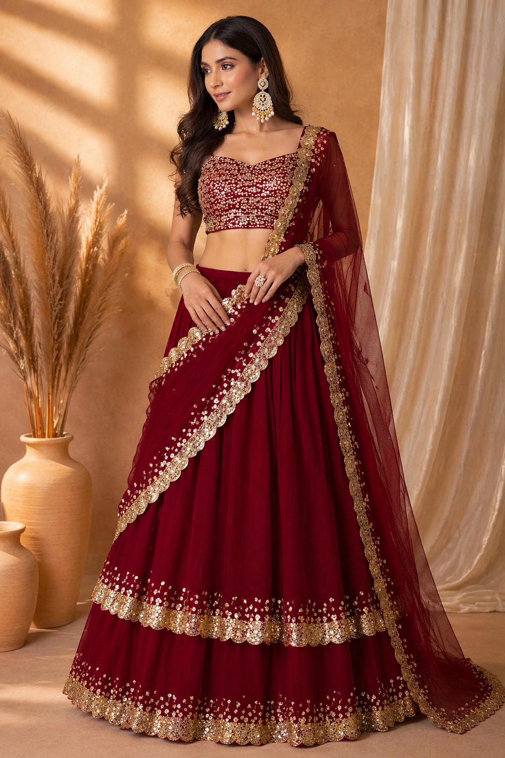 Ritu Wine Georgette Sequins &amp; Zari Embroidered Wedding Party Wear Lehenga Saree
