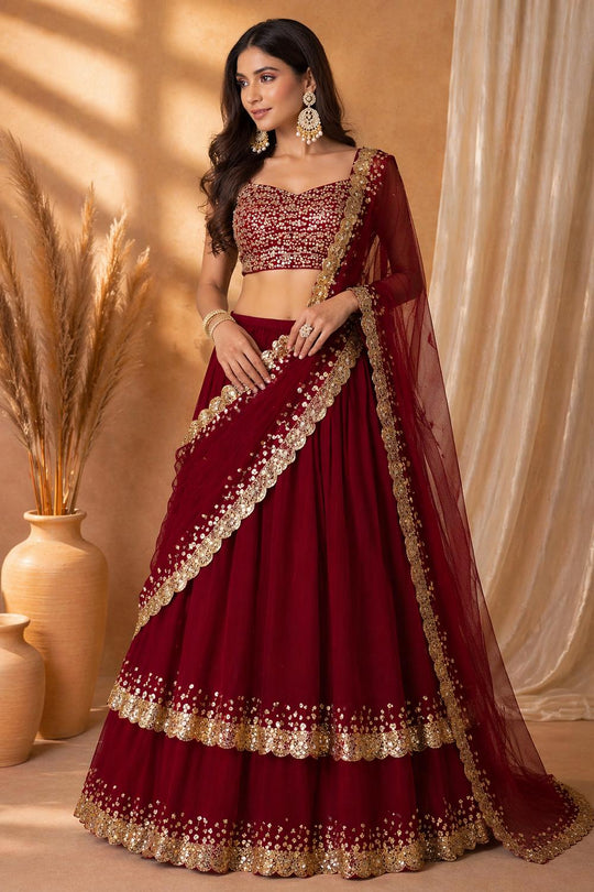 Ritu Wine Georgette Sequins &amp; Zari Embroidered Wedding Party Wear Lehenga Saree
