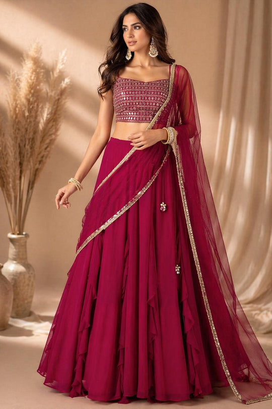 Tasha Pink Georgette Sequins &amp; Zari Embroidered Wedding Party Wear Lehenga Saree