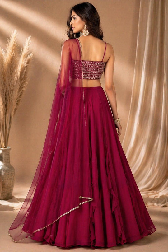 Tasha Pink Georgette Sequins &amp; Zari Embroidered Wedding Party Wear Lehenga Saree