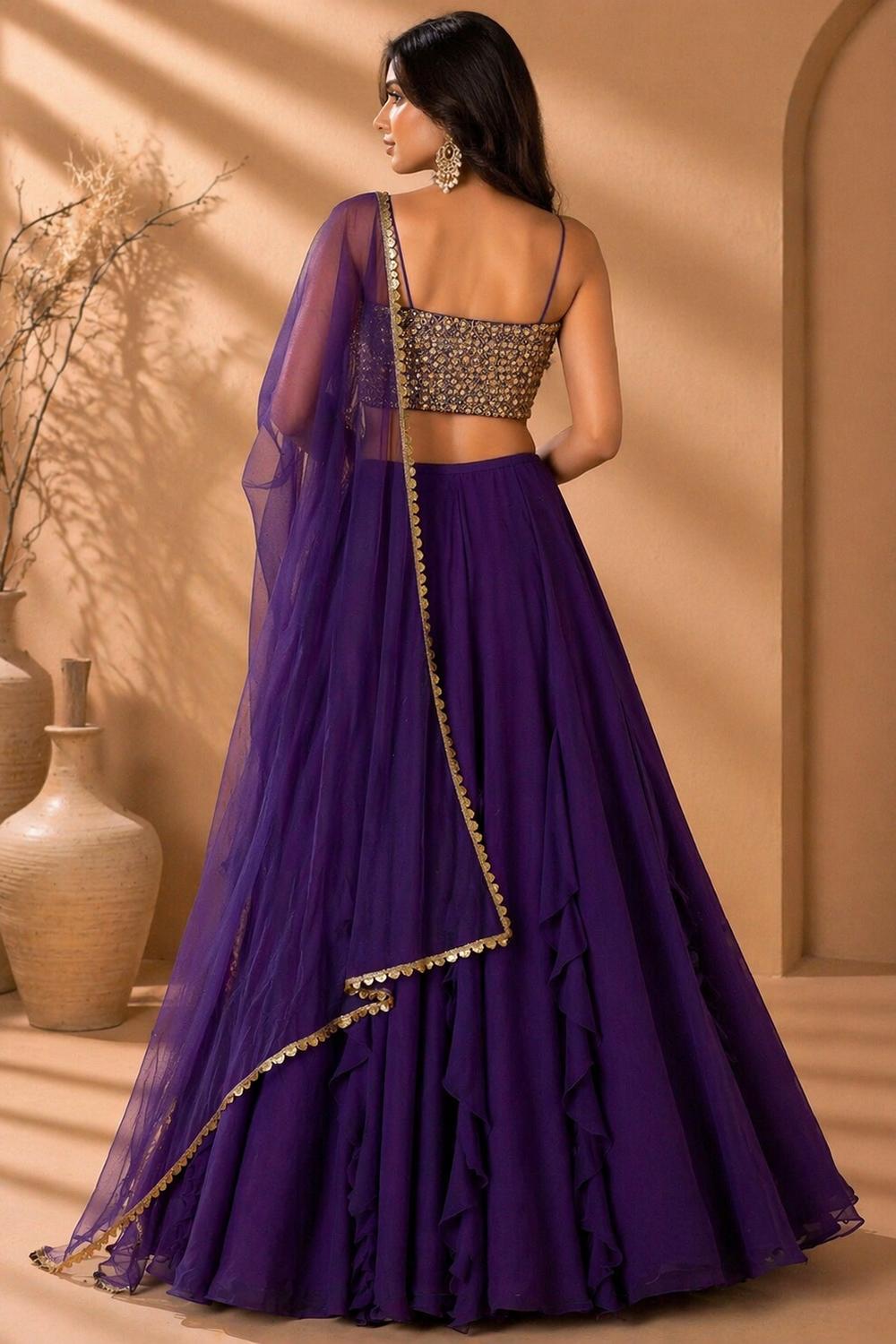 Tasha Purple Georgette Sequins &amp; Zari Embroidered Wedding Party Wear Lehenga Saree