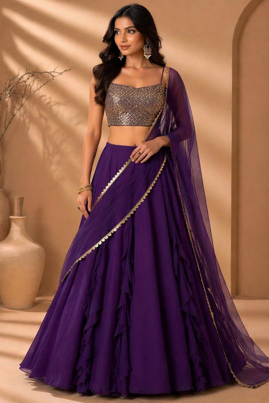 Tasha Purple Georgette Sequins &amp; Zari Embroidered Wedding Party Wear Lehenga Saree