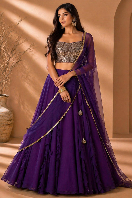 Tasha Purple Georgette Sequins &amp; Zari Embroidered Wedding Party Wear Lehenga Saree