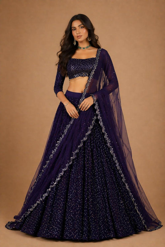 Anjab Midnight Blue Designer Georgette Embroidered Lehenga Saree