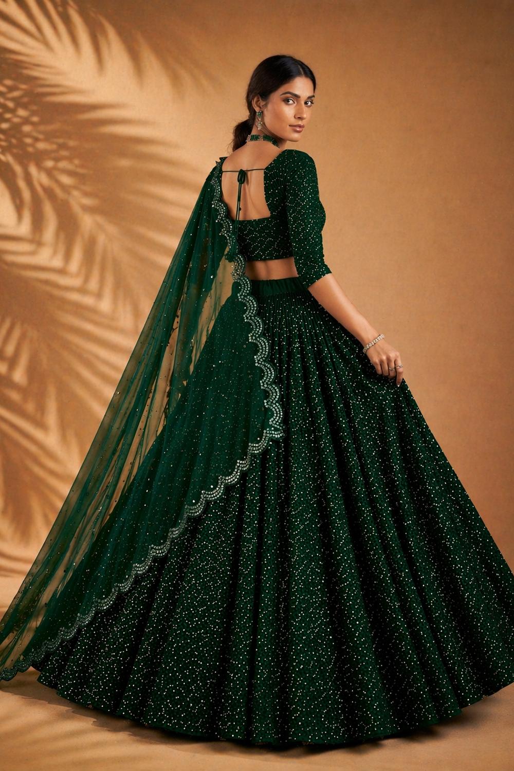 Anjab Bottle Green Designer Georgette Embroidered Lehenga Saree