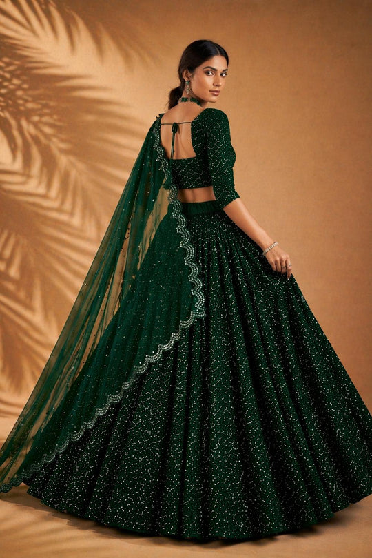 Anjab Bottle Green Designer Georgette Embroidered Lehenga Saree