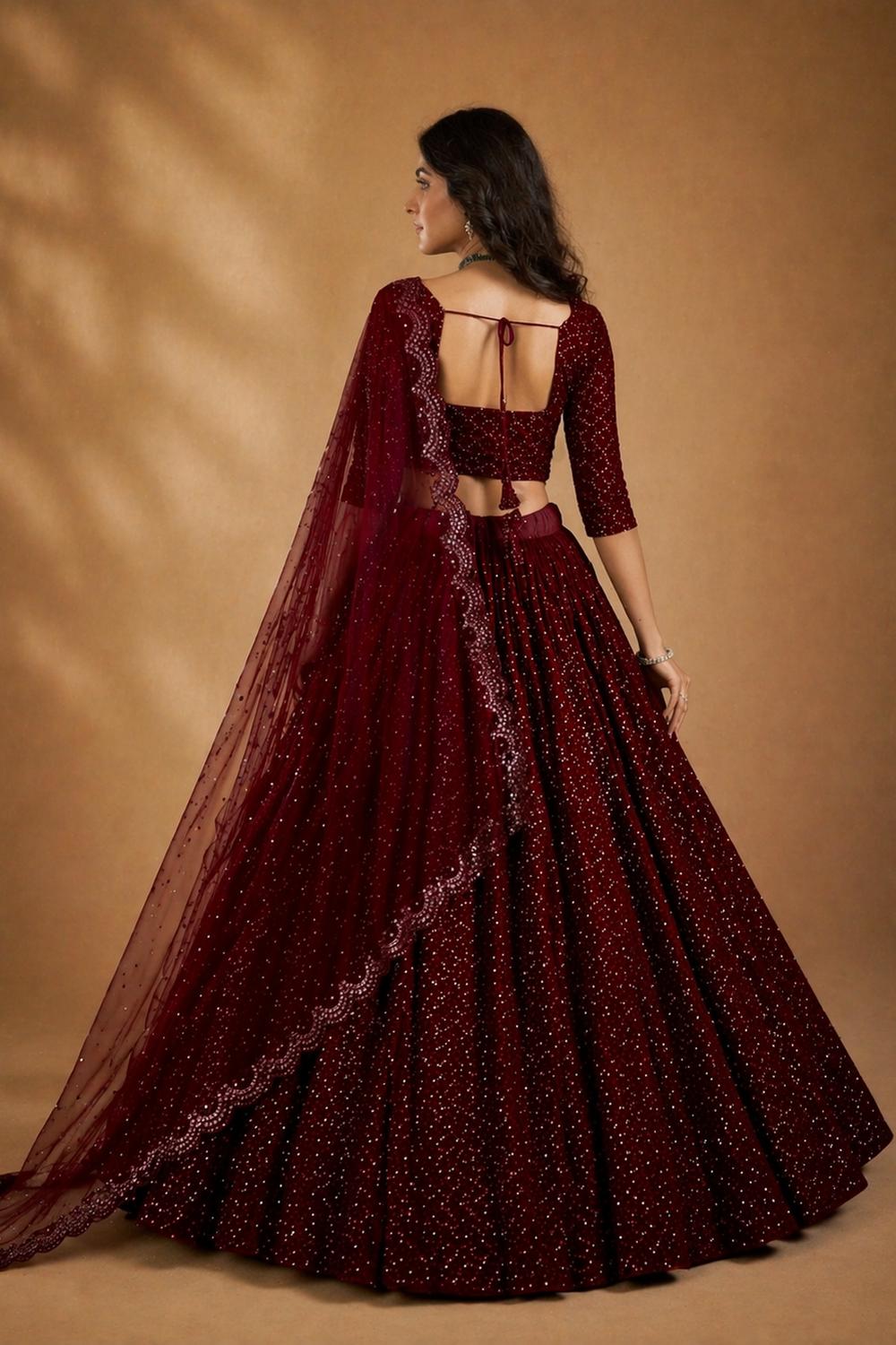 Anjab Maroon Designer Georgette Embroidered Lehenga Saree