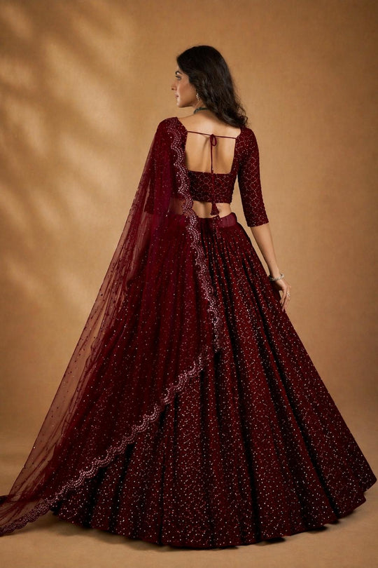 Anjab Maroon Designer Georgette Embroidered Lehenga Saree