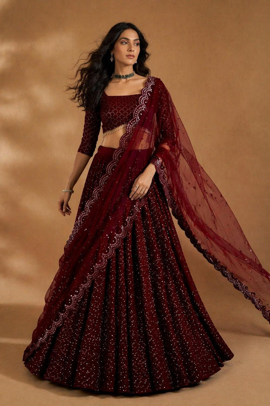 Anjab Maroon Designer Georgette Embroidered Lehenga Saree