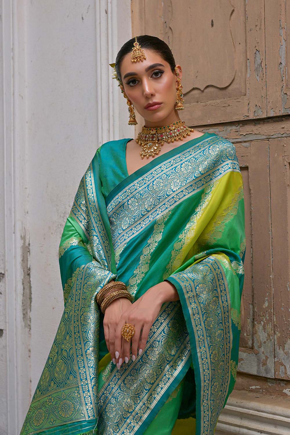 Mina Green Silk Saree with Woven Design Ready to Wear One Minute Saree