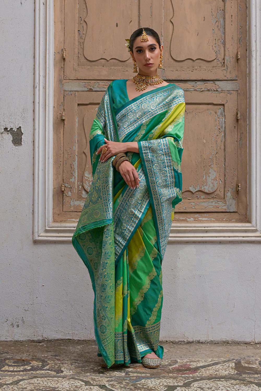Mina Green Silk Saree with Woven Design Ready to Wear One Minute Saree