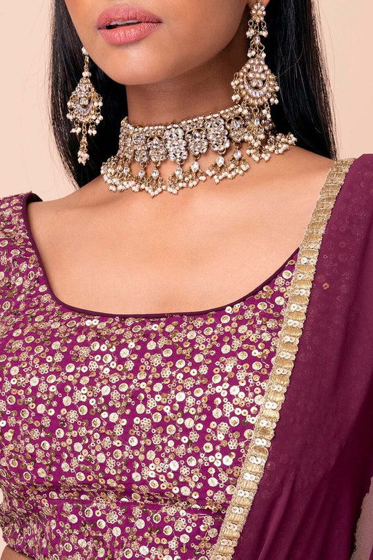 Raina Wine Georgette Sequins &amp; Gold Zari Embroidered Lehenga Saree