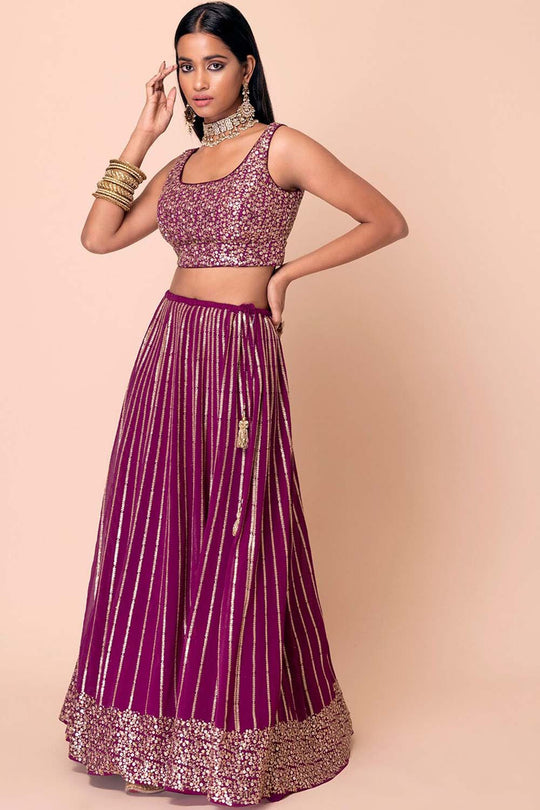 Raina Wine Georgette Sequins &amp; Gold Zari Embroidered Lehenga Saree