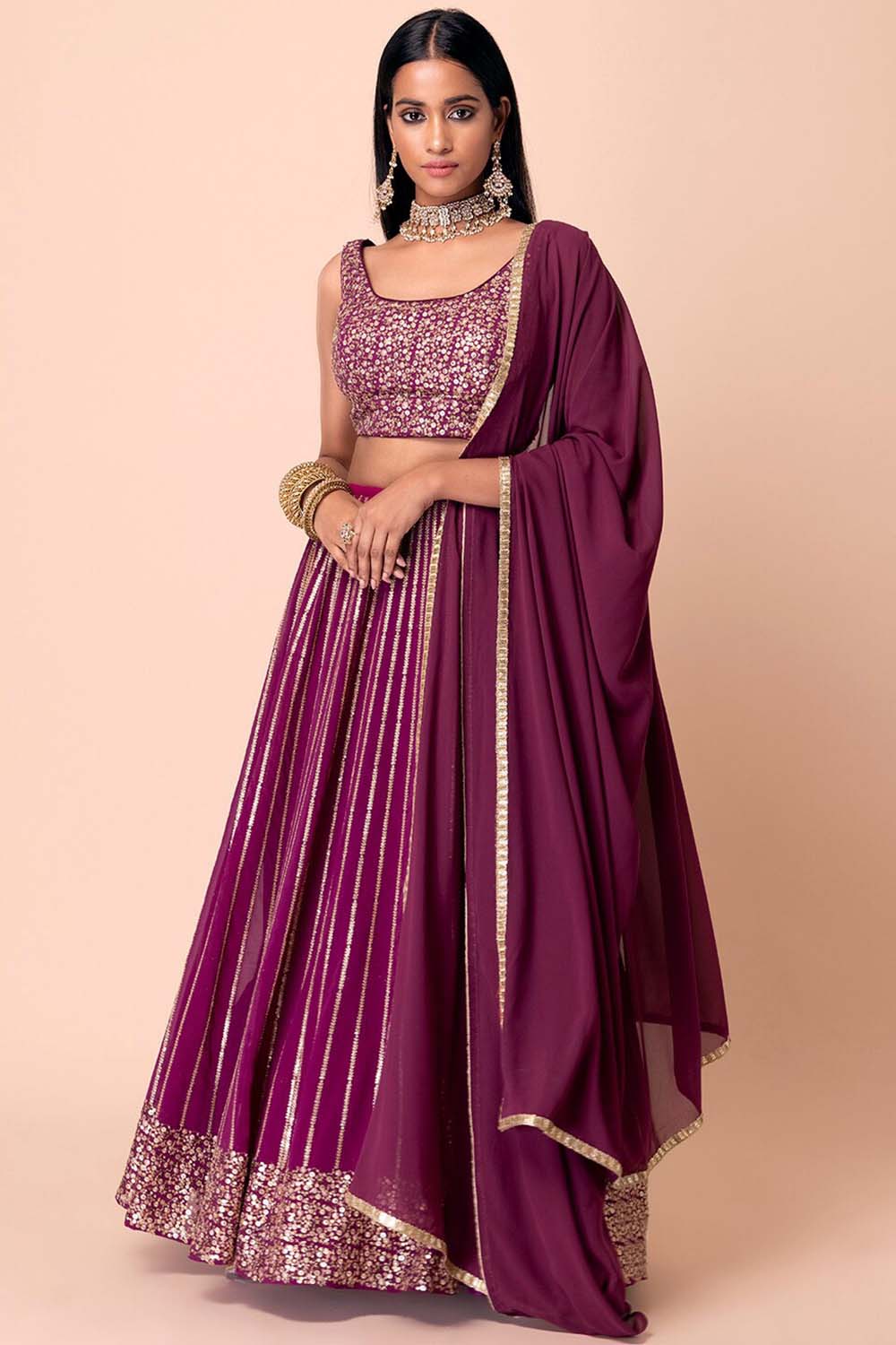 Raina Wine Georgette Sequins &amp; Gold Zari Embroidered Lehenga Saree