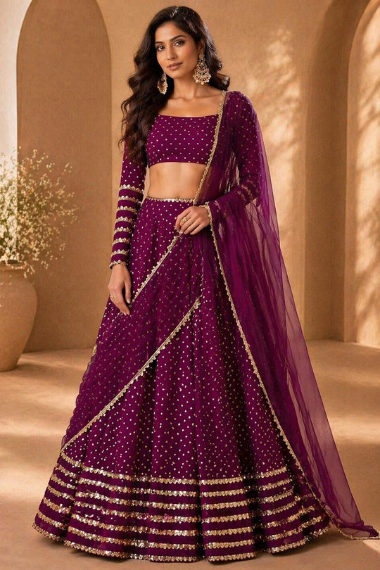Raina Wine Georgette Sequins &amp; Gold Zari Embroidered Lehenga Saree