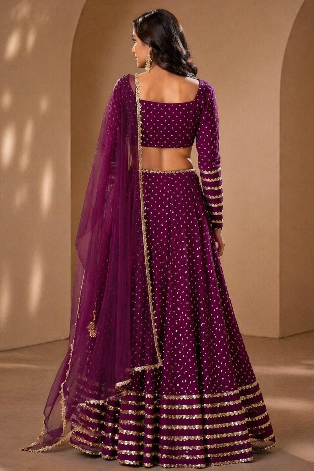 Raina Wine Georgette Sequins & Gold Zari Embroidered Lehenga Saree