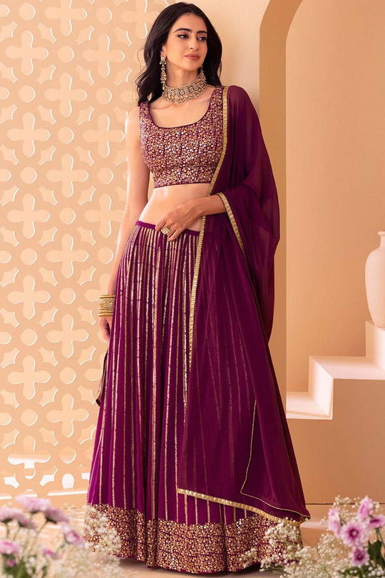 Raina Wine Georgette Sequins &amp; Gold Zari Embroidered Lehenga Saree
