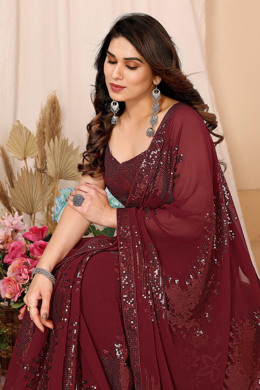 Noelle Maroon Sequin Georgette Ready to Wear Party Wear Saree