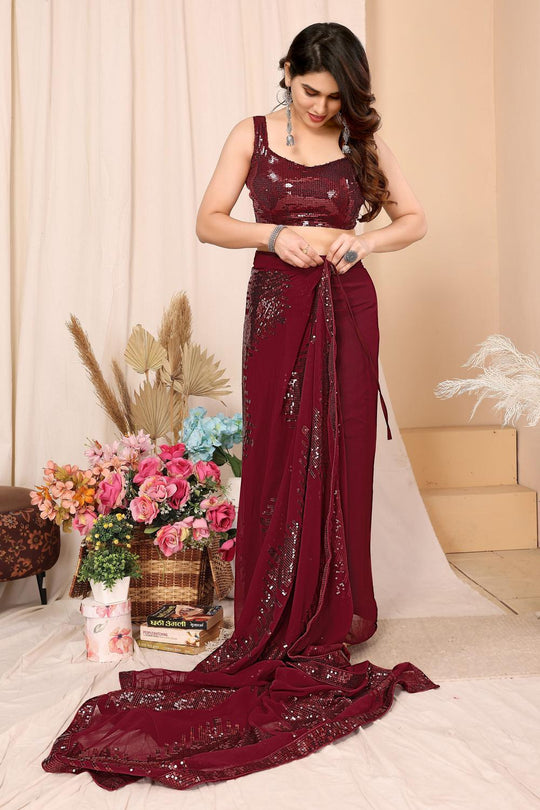 Noelle Maroon Sequin Georgette Ready to Wear Party Wear Saree