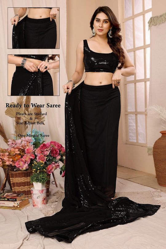 Noelle Black Sequin Georgette Ready to Wear Party Wear Saree