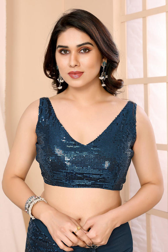 Noelle Teal Sequin Georgette Ready to Wear Party Wear Saree