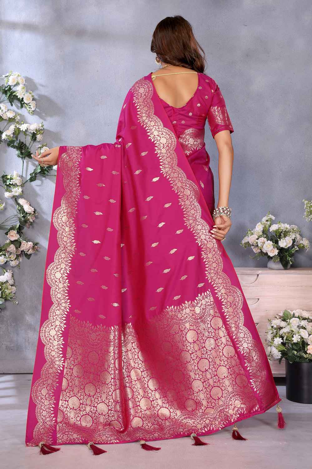 Afra Rani Pink Banarasi Silk Saree with Woven Design Ready to Wear One Minute Saree