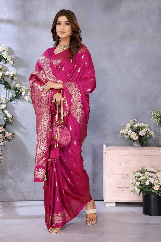 Afra Rani Pink Banarasi Silk Saree with Woven Design Ready to Wear One Minute Saree