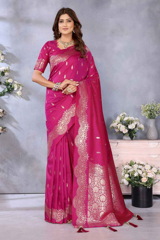Afra Rani Pink Banarasi Silk Saree with Woven Design Ready to Wear One Minute Saree