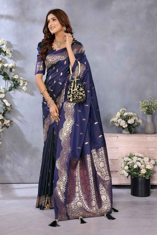 Huma Navy Blue Banarasi Silk Saree with Woven Design Ready to Wear One Minute Saree