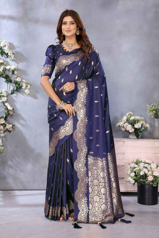Huma Navy Blue Banarasi Silk Saree with Woven Design Ready to Wear One Minute Saree
