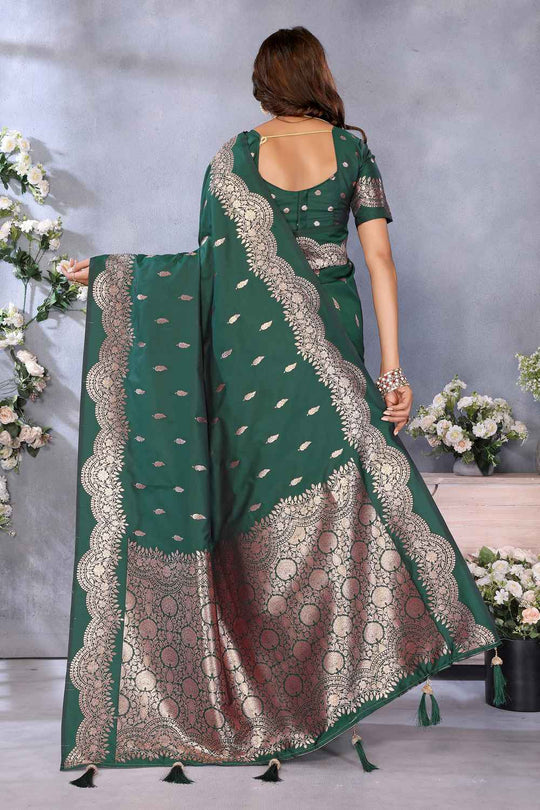 Lila Bottle Green Banarasi Silk Saree with Woven Design Ready to Wear One Minute Saree
