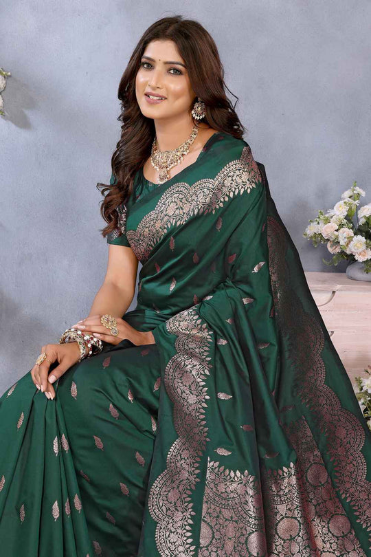 Lila Bottle Green Banarasi Silk Saree with Woven Design Ready to Wear One Minute Saree
