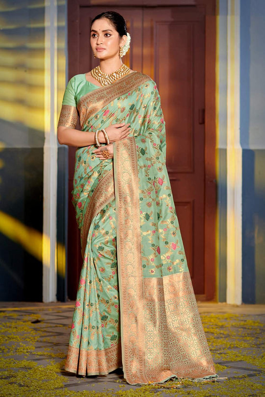 Navaz Sea Green Banarasi Silk Saree with Woven Design Ready to Wear One Minute Saree