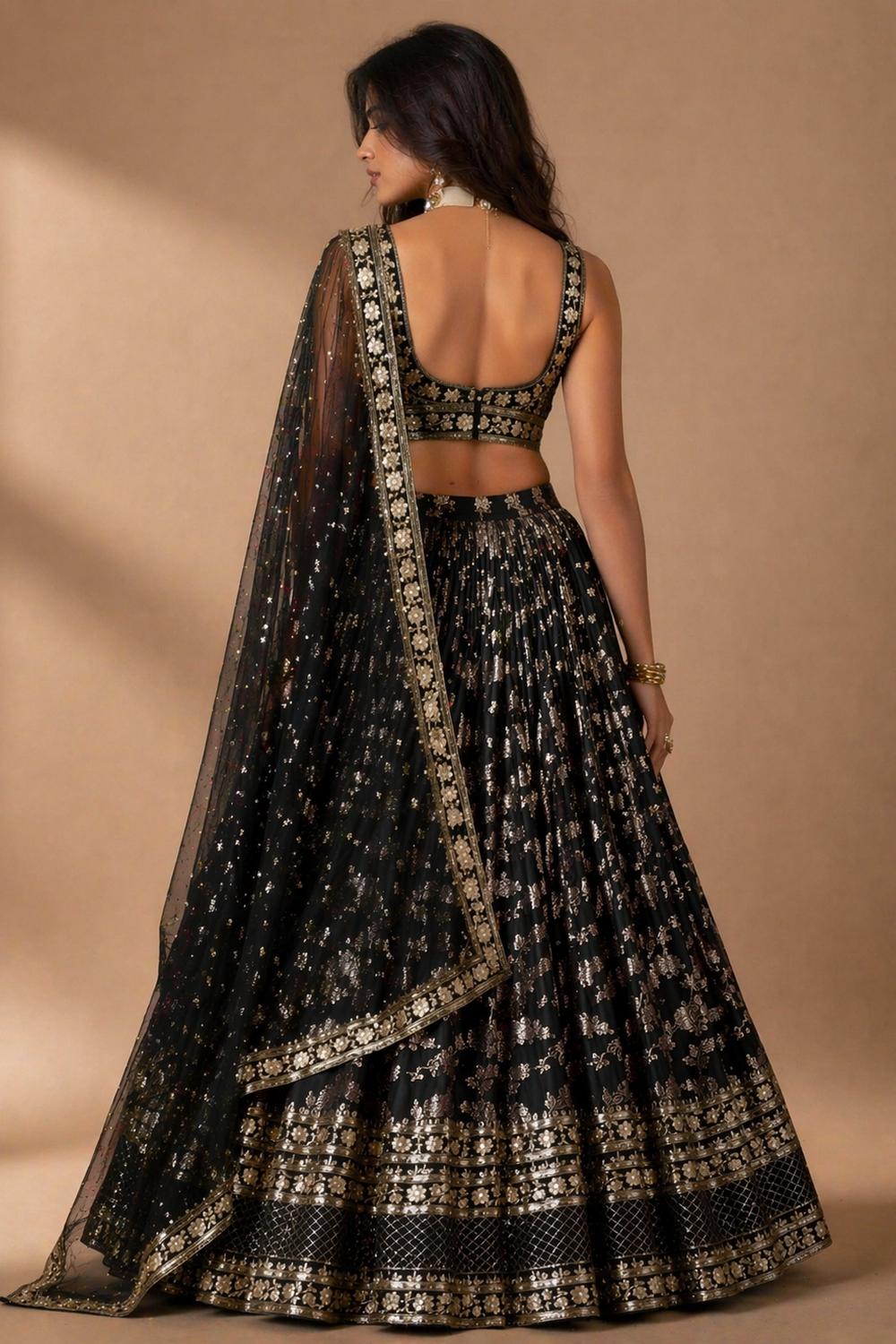 Brenda Black Dola Silk Woven Jacquard Embroidered Lehenga Saree