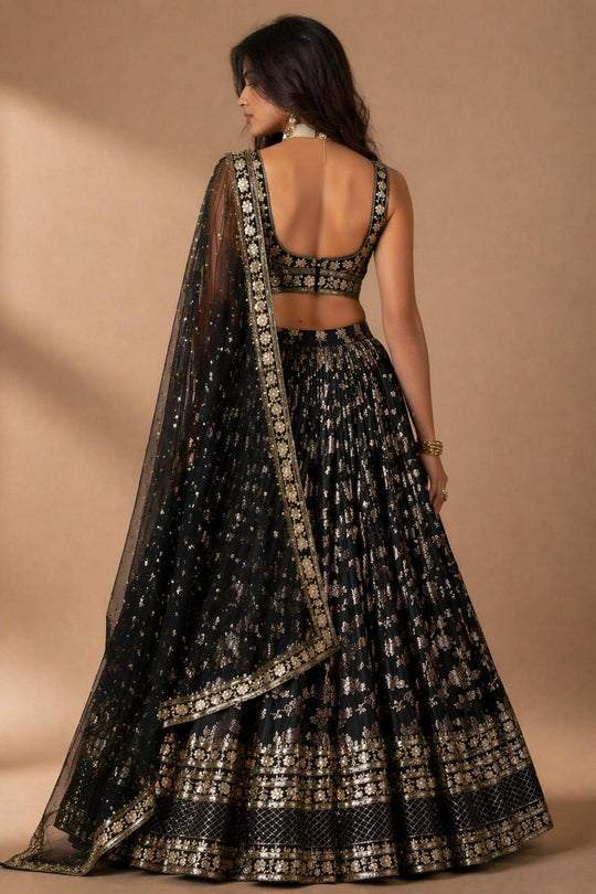 Brenda Black Dola Silk Woven Jacquard Embroidered Lehenga Saree