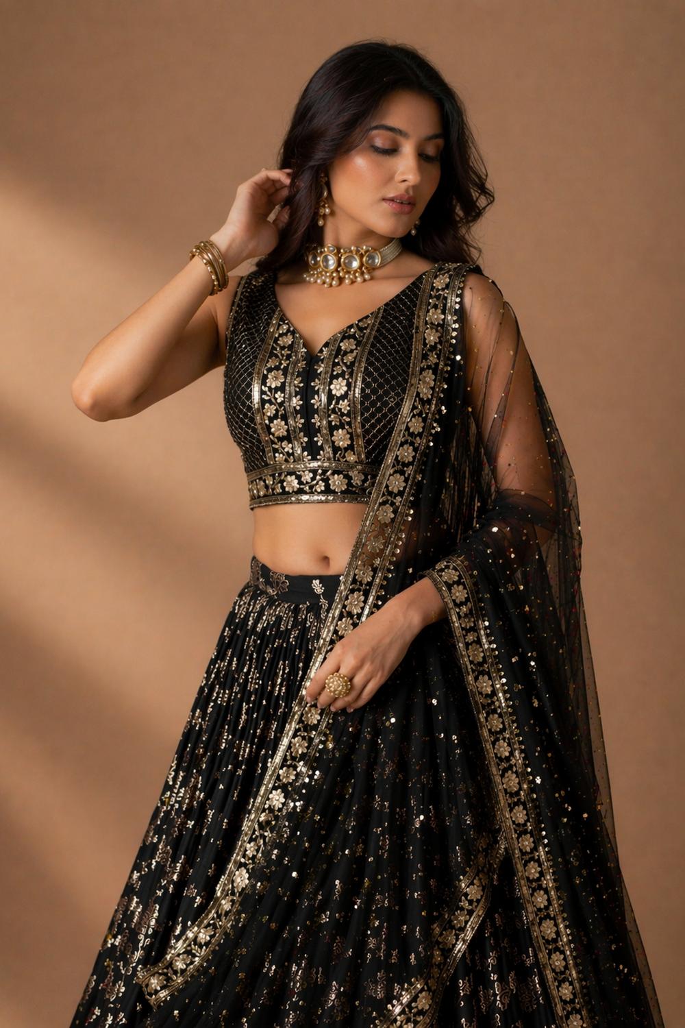 Brenda Black Dola Silk Woven Jacquard Embroidered Lehenga Saree