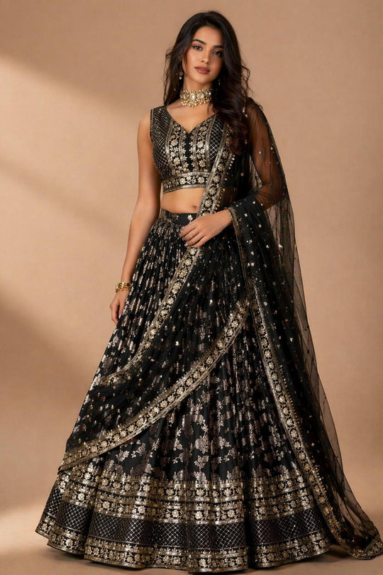 Brenda Black Dola Silk Woven Jacquard Embroidered Lehenga Saree
