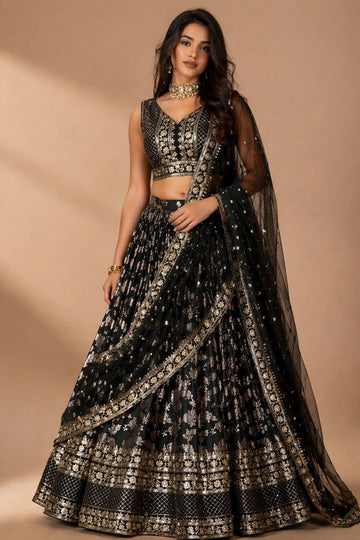 Brenda Black Dola Silk Woven Jacquard Embroidered Lehenga Saree