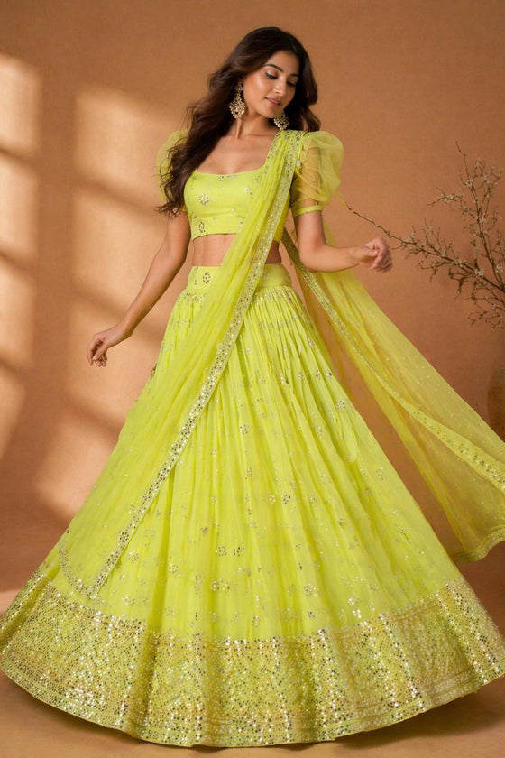 Josie Neon Yellow Georgette Sequins & Gold Zari Embroidered Lehenga Saree