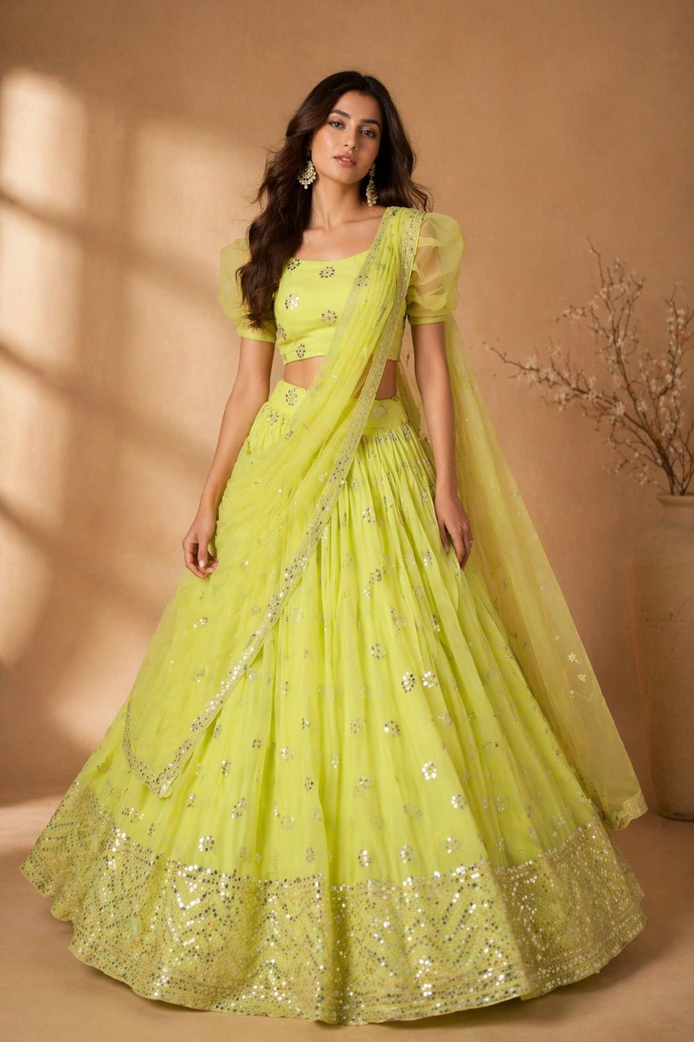 Josie Neon Yellow Georgette Sequins &amp; Gold Zari Embroidered Lehenga Saree