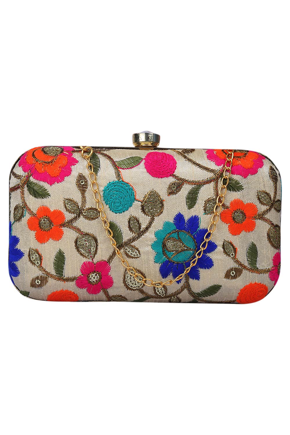 Designer Ethnic Off-white with Orange and Blue Floral Embroidery Clutch