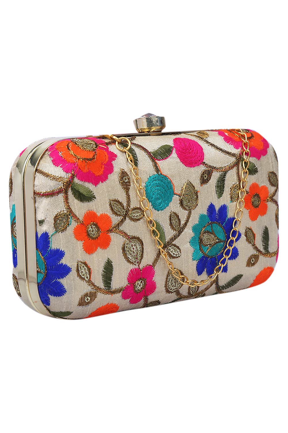 Designer Ethnic Off-white with Orange and Blue Floral Embroidery Clutch