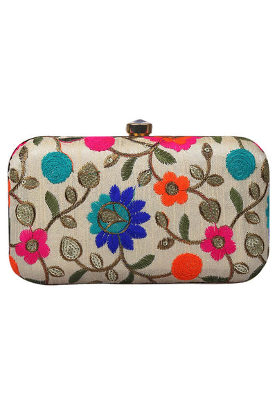 Designer Ethnic Off-white with Orange and Blue Floral Embroidery Clutch