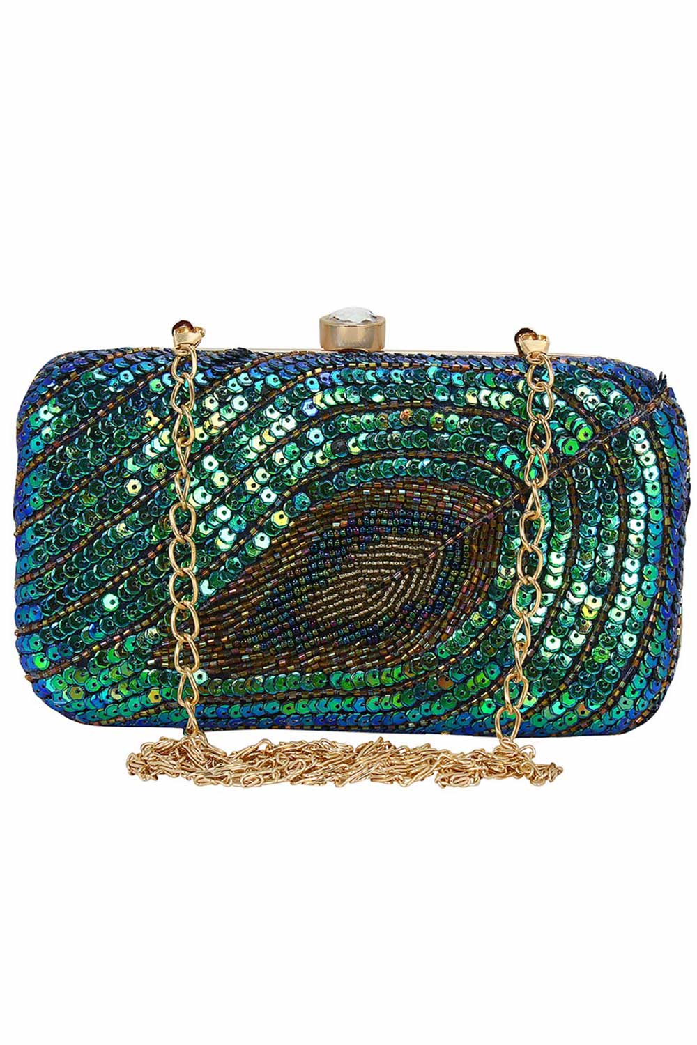 Design Blue & Green Clutch with a Sequins Peacock Design