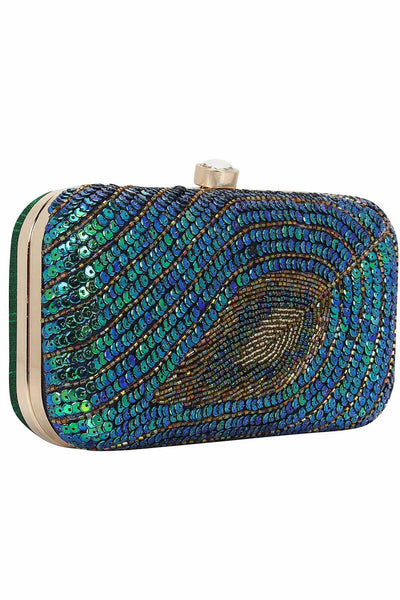 Design Blue & Green Clutch with a Sequins Peacock Design