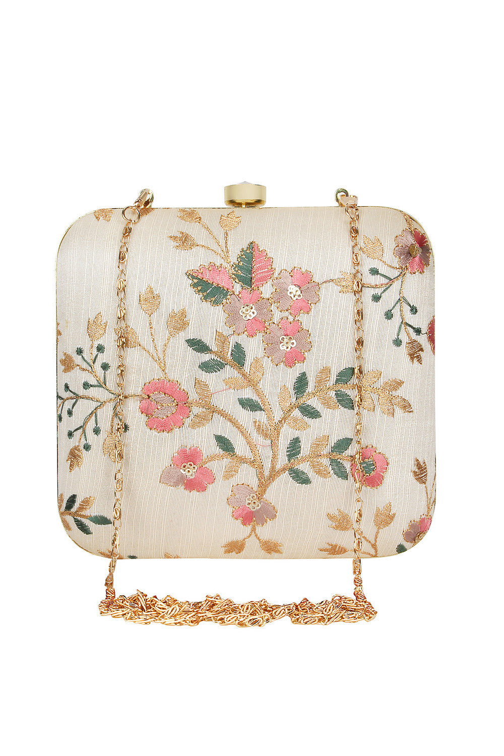 Designer Off-White & Pink Floral Threadwork Square Clutch