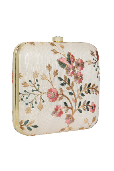 Designer Off-White & Pink Floral Threadwork Square Clutch