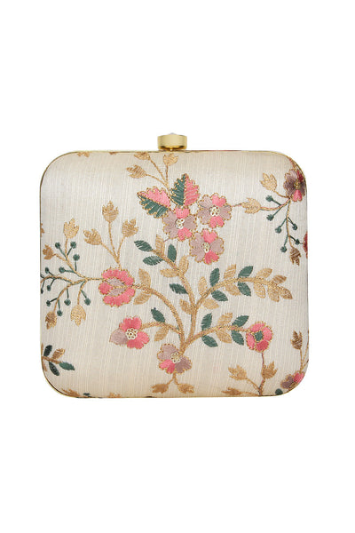 Designer Off-White & Pink Floral Threadwork Square Clutch